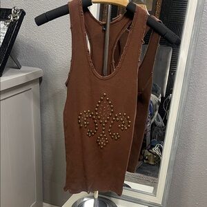 Brown Distressed Tank Top with Studs & Rhinestone Design -size S